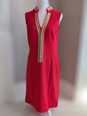 Pappagallo Coral Red Sleeveless V-Neck Dress with Gold Trim-Size 12
